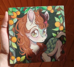 Size: 2048x1866 | Tagged: safe, artist:dorry, imported from derpibooru, autumn blaze, kirin, female, hand, looking at you, mare, photo, solo, traditional art