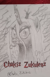 Size: 1800x2800 | Tagged: safe, artist:chakiz zukulenz, imported from derpibooru, queen chrysalis, changeling, cute, drawing, fangs, holes, looking at you, pencil, pencil drawing, photo, solo, tongue out, traditional art