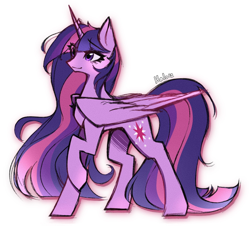 Size: 1500x1353 | Tagged: safe, artist:halo12zero, imported from derpibooru, twilight sparkle, alicorn, pony, concave belly, eye clipping through hair, eyebrows, eyebrows visible through hair, female, film grain, folded wings, horn, large wings, long mane, long tail, mare, older, older twilight, older twilight sparkle (alicorn), raised hoof, simple background, slender, smiling, solo, standing, tail, thin, twilight sparkle (alicorn), white background, wings