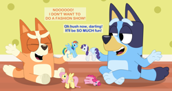 Size: 4926x2622 | Tagged: safe, artist:feather_bloom, imported from derpibooru, fluttershy, pinkie pie, rainbow dash, rarity, dog, earth pony, pegasus, pony, unicorn, bingo heeler, bluey, bluey heeler, crossover, detailed background, dialogue, doll, dollified, horn, inanimate tf, pretend, toy, transformation