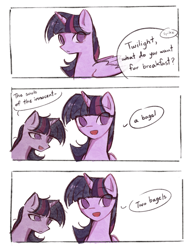 Size: 1504x1955 | Tagged: safe, artist:halo12zero, imported from derpibooru, mean twilight sparkle, spike, twilight sparkle, alicorn, pony, 3 panel comic, clone, comic, dialogue, duality, evil clone, eye clipping through hair, eyebrows, eyebrows visible through hair, female, folded wings, horn, mare, no pupils, offscreen character, open mouth, simple background, speech bubble, twilight sparkle (alicorn), twolight, white background, wings