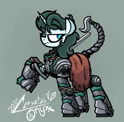 Size: 1700x1675 | Tagged: safe, alternate version, artist:ccrystalonyxx, imported from derpibooru, pony, unicorn, armor, armored pony, cape, clothes, commission, horn, solo, sword, weapon