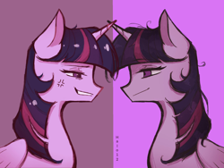 Size: 2048x1536 | Tagged: safe, artist:halo12zero, imported from derpibooru, mean twilight sparkle, twilight sparkle, alicorn, pony, angry, clone, cross-popping veins, duality, emanata, evil clone, female, folded wings, horn, lavender background, looking at each other, looking at someone, mare, purple background, simple background, smiling, smirk, twilight sparkle (alicorn), twolight, wings
