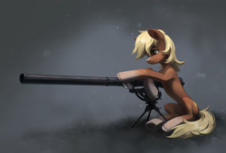 Size: 2651x1800 | Tagged: safe, artist:koviry, imported from derpibooru, earth pony, pony, abstract background, blaze (coat marking), blonde mane, blonde tail, brown coat, coat markings, colored pinnae, commission, concave belly, facial markings, female, gun, hoof hold, long mane, long tail, looking at something, mare, ponified, recoilless rifle, rifle, sergeant reckless, sitting, smiling, socks (coat markings), solo, tail, unshorn fetlocks, weapon, wingding eyes, yellow eyes