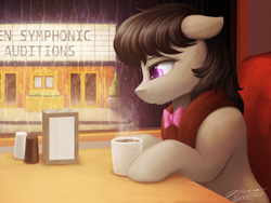 Size: 3200x2400 | Tagged: safe, artist:novaintellus, imported from derpibooru, octavia melody, earth pony, pony, audition, booth, bowtie, cafe, coffee, coffee mug, female, floppy ears, high res, indoors, mare, mug, rain, signature, sitting, solo, story included, table, theater, window