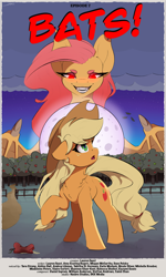 Size: 3000x5000 | Tagged: safe, artist:skitsroom, imported from derpibooru, applejack, fluttershy, bat pony, earth pony, pony, bats!, apple, bat ponified, flutterbat, food, movie poster, race swap