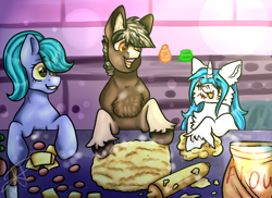 Size: 1048x765 | Tagged: safe, artist:deadsmoke, imported from derpibooru, oc, oc:cristopher, oc:kate sanders, oc:snowflake white, cheese, chest fluff, commission, cooking, cucumber, dough, female, flour, food, funny, hoof fluff, kitchen, male, mare, meat, messy, rolling pin, sausage, simple background, smiling, stallion, talking, together, wholesome
