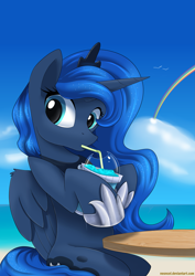 Size: 2893x4092 | Tagged: safe, artist:neoncel, imported from derpibooru, princess luna, alicorn, bird, pony, seagull, beach, cloud, crown, cup, cute, day, drink, drinking, drinking straw, female, high res, hnnng, hoof shoes, horn, jewelry, looking at you, lunabetes, mare, outdoors, peytral, princess shoes, rainbow, regalia, sitting, sky, slush ice, slushie, solo, straw, table, water, wings