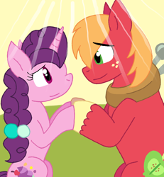 Size: 866x936 | Tagged: safe, artist:cmara, imported from derpibooru, big macintosh, sugar belle, earth pony, pony, unicorn, couple, female, horn, looking at each other, looking at someone, male, shipping, straight, sugarmac