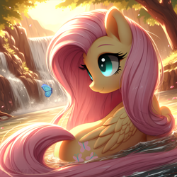 Size: 2048x2048 | Tagged: safe, imported from derpibooru, fluttershy, butterfly, pegasus, pony, friendship is magic, ai content, ai generated, bathing, evening, flowing tail, my little pony, nature, peaceful, prompter:ponaiart, quiet, solo, sunshine, tail, tree, warm, water, waterfall