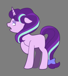 Size: 605x678 | Tagged: safe, artist:villyapologist, imported from derpibooru, starlight glimmer, pony, unicorn, bow, female, floppy ears, frown, gray background, horn, lidded eyes, long tail, mare, multicolored mane, multicolored tail, pink coat, purple eyes, purple mane, purple tail, raised hoof, simple background, solo, tail, tail bow