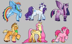 Size: 1280x788 | Tagged: safe, artist:menmyshelf, imported from derpibooru, applejack, fluttershy, pinkie pie, rainbow dash, rarity, twilight sparkle, alicorn, earth pony, pegasus, pony, unicorn, alternate cutie mark, alternate design, alternate hairstyle, alternate tailstyle, applejack's hat, blonde mane, blonde tail, blue coat, blue eyes, bow, braid, chest fluff, coat markings, colored belly, colored eartips, colored eyebrows, colored hooves, colored horn, colored muzzle, colored pinnae, colored wings, cowboy hat, curly mane, curly tail, curved horn, dappled, ear fluff, ear tufts, eyelashes, eyeshadow, facial markings, female, flower, flower in hair, flying, folded wings, freckles, goggles, gray background, group, hair bow, hairclip, hat, hoof polish, hooves, hooves in air, horn, horn jewelry, jewelry, leonine tail, lidded eyes, long mane, long tail, looking back, makeup, mane six, mare, multicolored hair, multicolored hooves, multicolored mane, multicolored tail, multicolored wings, necklace, orange coat, pink coat, pink eyes, profile, purple coat, purple eyes, purple mane, purple tail, rainbow hair, rainbow tail, raised hoof, redesign, scar, signature, simple background, smiling, socks (coat markings), spread wings, standing, tail, tail bow, tallershy, twilight sparkle (alicorn), two toned mane, two toned tail, unshorn fetlocks, wall of tags, wavy mane, wavy mouth, wavy tail, white coat, wings, yellow coat, yellow mane, yellow tail