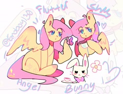Size: 2048x1566 | Tagged: safe, artist:emoboy130, imported from derpibooru, angel bunny, fluttershy, butterfly, pegasus, pony, rabbit, ahoge, animal, big ears, blue eyes, blue text, colored eyelashes, colored pinnae, cup, duality, duo, duo male and female, female, flower, heart, heart eyes, hoof hold, male, mare, one wing out, partially open wings, pink mane, pink tail, raised hoof, signature, sitting, tail, teacup, text, wingding eyes, wings, yellow coat, zoom layer