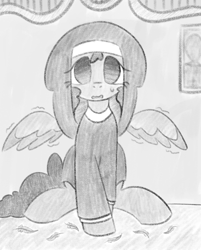 Size: 1020x1270 | Tagged: safe, artist:castafae, imported from derpibooru, oc, oc only, oc:autumnal potpourri, pegasus, pony, blind, feather, female, flustered, grayscale, mare, monochrome, nun, partially open wings, shaking, sitting, solo, wings