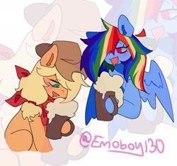 Size: 2075x1940 | Tagged: safe, artist:emoboy130, imported from derpibooru, applejack, rainbow dash, earth pony, pegasus, pony, alcohol, applejack's hat, bandana, beer, blonde mane, blue coat, blushing, chest fluff, colored ear fluff, colored sclera, cowboy hat, drink, drinking, drool, duo, duo female, ear fluff, eyelashes, female, green eyes, hat, hoof hold, looking at someone, looking down, mare, multicolored hair, multicolored mane, orange coat, partially open wings, pink eyes, ponytail, rainbow hair, raised hoof, signature, sitting, wingding eyes, wings, yellow mane, zoom layer
