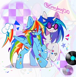 Size: 2153x2179 | Tagged: safe, artist:emoboy130, imported from derpibooru, dj pon-3, rainbow dash, vinyl scratch, pegasus, pony, unicorn, bandaid, blue coat, blue mane, chest fluff, colored ear fluff, cutie mark background, duo, duo female, ear fluff, eye clipping through hair, eyebrows, eyebrows visible through hair, female, folded wings, horn, long mane, long tail, mare, messy mane, multicolored hair, multicolored mane, open mouth, open smile, pink eyes, rainbow hair, rainbow tail, raised hoof, signature, smiling, sticker, tail, two toned mane, vinyl's glasses, walking, white coat, wing fluff, wingding eyes, wings, zoom layer