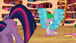 Size: 1920x1080 | Tagged: safe, edit, edited screencap, imported from derpibooru, screencap, spike, twilight sparkle, dragon, pony, unicorn, the crystal empire, animated, book, butt shake, eyes on the prize, female, gif, golden oaks library, horn, loop, mare, unicorn twilight