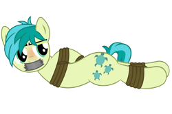 Size: 2300x1528 | Tagged: safe, artist:cardshark777, imported from derpibooru, sandbar, earth pony, pony, blushing, bondage, bound and gagged, digital art, gag, helpless, hooves behind back, lidded eyes, looking back, lying down, male, malesub, rope, rope bondage, solo, submissive, tail, tape, tape gag, tied up, two toned mane, two toned tail, wip