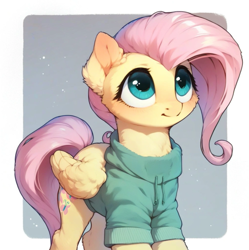 Size: 923x927 | Tagged: safe, imported from derpibooru, fluttershy, pegasus, pony, ai assisted, ai content, ai generated, beautiful, big eyes, blushing, clothes, cute, detailed, detailed hair, ear fluff, fluffy, generator:purplesmart.ai, generator:stable diffusion, green eyes, hoodie, looking up, pink hair, prompter:saltyvity, simple background, smiley face, smiling, solo, sparkles