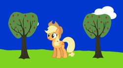 Size: 1080x603 | Tagged: safe, imported from twibooru, screencap, applejack, earth pony, pony, series:chicken chasing, series:mlp animation's short films, apple, apple tree, confused, food, image, needs more jpeg, solo, tree