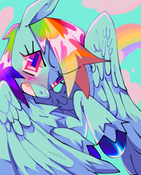 Size: 1152x1425 | Tagged: safe, artist:psych0zero, imported from derpibooru, rainbow dash, pegasus, pony, blushing, chest fluff, cloud, eyebrows, eyebrows visible through hair, female, grin, mare, rainbow, smiling, solo, unshorn fetlocks, wingding eyes, wings