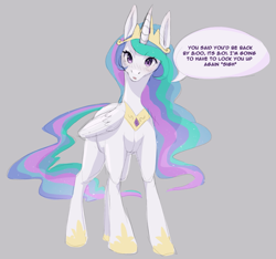Size: 1231x1150 | Tagged: safe, artist:sumika, imported from twibooru, princess celestia, alicorn, pony, /mlp/, 4chan, blushing, dialogue, female, gray background, image, looking at you, mare, png, simple background, yandere