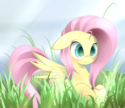 Size: 4200x3650 | Tagged: safe, artist:posionjoke, imported from derpibooru, fluttershy, pegasus, pony, blushing, cute, female, floppy ears, grass, high res, lying down, mare, outdoors, prone, shyabetes, smiling, solo, stray strand, wings