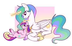 Size: 1069x691 | Tagged: safe, artist:lulubell, imported from derpibooru, princess cadance, princess celestia, aunt and niece, brushing mane, cute, cutedance, cutelestia, magic, magic glow, redraw, telekinesis, younger