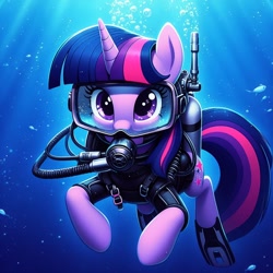 Size: 1024x1024 | Tagged: safe, imported from derpibooru, twilight sparkle, unicorn, ai content, ai generated, bubble, crepuscular rays, dive mask, female, flippers (gear), flowing mane, flowing tail, generator:bing image creator, generator:dall-e 3, goggles, horn, looking at you, mare, ocean, oxygen tank, prompter:sonicstreak5344, purple eyes, scuba diving, scuba gear, sunlight, swimming, tail, underwater, water