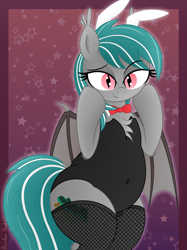 Size: 3016x4032 | Tagged: safe, artist:rainbowšpekgs, imported from derpibooru, oc, oc only, oc:malachite cluster, bat pony, pony, adorasexy, bat pony oc, bat wings, belly, belly button, bipedal, bowtie, bunny ears, bunny suit, chest fluff, chubby, clothes, cute, fangs, fishnets, male, partially open wings, sexy, smiling, solo, stallion, stars, wings