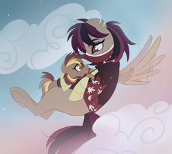 Size: 1372x1227 | Tagged: safe, imported from derpibooru, oc, oc only, child, cloud, commission, cute, evening, family, flying, love, parent and child, sky, ych result