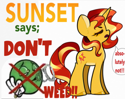 Size: 2029x1610 | Tagged: safe, artist:indigohatetrain, imported from derpibooru, sunset shimmer, pony, unicorn, drugs, female, horn, marijuana, meme, pale belly, parody, public service announcement, simple background, white background