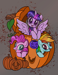 Size: 1578x2029 | Tagged: safe, artist:indigohatetrain, imported from derpibooru, pinkie pie, rainbow dash, twilight sparkle, alicorn, earth pony, pegasus, pony, female, halloween, holiday, jack-o-lantern, pumpkin, trio, twilight sparkle (alicorn)