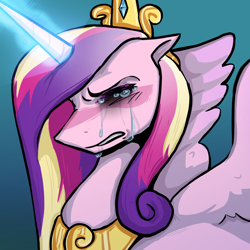 Size: 1000x1000 | Tagged: safe, artist:0liiver, imported from derpibooru, princess cadance, alicorn, pony, bust, crying, eyes closed, glowing, glowing horn, horn, portrait, solo