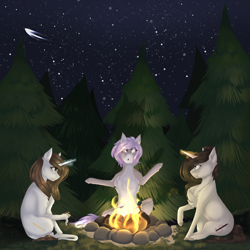 Size: 2449x2449 | Tagged: safe, artist:pixelberrry, imported from derpibooru, oc, oc only, earth pony, pony, unicorn, campfire, female, horn, magic, mare, night, tree