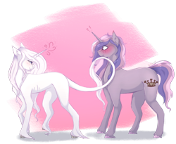 Size: 2400x1970 | Tagged: safe, artist:pixelberrry, imported from derpibooru, fleur-de-lis, oc, oc:cupid, pony, unicorn, blushing, concave belly, duo, horn, leonine tail, male, offspring, parent:princess cadance, parent:shining armor, parents:shiningcadance, ribs, seduction, slender, stallion, standing on two hooves, tail, tail seduce, thin