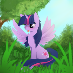 Size: 1800x1800 | Tagged: safe, artist:posionjoke, imported from derpibooru, twilight sparkle, alicorn, pony, :p, blushing, cute, eye clipping through hair, female, grass, horn, mare, nature, one eye closed, outdoors, silly, silly pony, sitting, solo, spread wings, tail, tongue out, tree, twiabetes, twilight sparkle (alicorn), wings