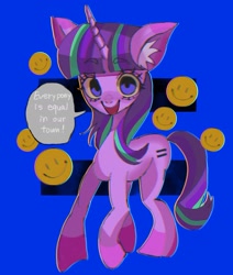 Size: 1513x1783 | Tagged: safe, artist:m09160, imported from derpibooru, starlight glimmer, unicorn, blue background, dialogue, equal cutie mark, equal sign, horn, simple background, smiley face, speech bubble