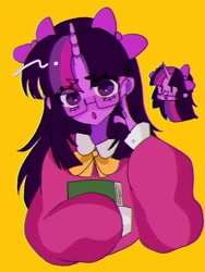 Size: 1404x1871 | Tagged: safe, artist:m09160, imported from derpibooru, twilight sparkle, human, book, bow, bowtie, clothes, glasses, horn, horned humanization, humanized, simple background, sweater, yellow background
