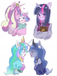 Size: 1536x2048 | Tagged: safe, artist:m09160, imported from derpibooru, princess cadance, princess celestia, princess flurry heart, princess luna, twilight sparkle, human, equestria girls, argument, book, eared humanization, female, forehead kiss, humanized, jewelry, kissing, mother and child, mother and daughter, siblings, simple background, sisters, tiara, white background