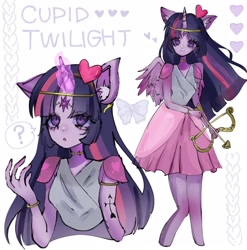 Size: 2020x2048 | Tagged: safe, artist:m09160, imported from derpibooru, twilight sparkle, human, equestria girls, arrow, bow (weapon), bow and arrow, clothes, cupid, dress, heart, horn, horned humanization, humanized, weapon, winged humanization, wings