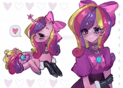 Size: 2048x1466 | Tagged: safe, artist:m09160, imported from derpibooru, princess cadance, equestria girls, anatomically incorrect, bow, choker, clothes, glasses, gloves, heart, incorrect leg anatomy, lolita fashion