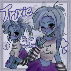 Size: 2048x2048 | Tagged: safe, artist:m09160, imported from derpibooru, trixie, equestria girls, alternate hairstyle, arm warmers, belly, belly button, bridge piercing, choker, clothes, ear piercing, midriff, piercing, skirt, slender, spiked choker, tanktop, thin