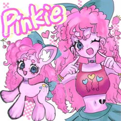 Size: 2048x2048 | Tagged: safe, artist:m09160, imported from derpibooru, pinkie pie, equestria girls, belly, belly button, bow, clothes, hair bow, heart, midriff, skirt, slender, tail, tail bow, thin