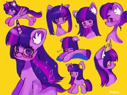 Size: 2048x1536 | Tagged: safe, artist:m09160, imported from derpibooru, twilight sparkle, ear fluff, glasses, hair bun, jewelry, pigtails, simple background, tiara, twintails, yellow background