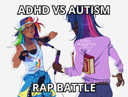 Size: 2048x1556 | Tagged: safe, artist:marshiroart, imported from derpibooru, rainbow dash, twilight sparkle, human, backwards ballcap, baseball cap, book, cap, clothes, dark skin, duo, duo female, female, fingerless gloves, gloves, hat, humanized, microphone, rap battle, simple background, text, white background