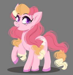 Size: 2890x3000 | Tagged: safe, artist:cartoonssams, imported from derpibooru, oc, oc only, oc:honeycrisp blossom, earth pony, pony, female, filly, foal, freckles, gray background, offspring, open mouth, open smile, parent:big macintosh, parent:princess cadance, parents:cadmac, raised hoof, simple background, smiling, solo