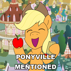 Size: 900x900 | Tagged: safe, artist:unitxxvii, imported from derpibooru, applejack, pony, apple, eyes closed, female, food, open mouth, ponyville, ponyville town hall, solo