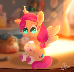 Size: 1106x1082 | Tagged: safe, artist:jaanhavi, imported from derpibooru, sunny starscout, alicorn, pony, chubby, coat markings, crystal, earth pony crystal, fake horn, fake wings, female, filly, filly sunny starscout, g5, hoof heart, race swap, socks (coat markings), solo, sunnycorn, underhoof, upside-down hoof heart, younger