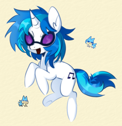 Size: 1920x1983 | Tagged: safe, artist:ksbanan, imported from derpibooru, dj pon-3, vinyl scratch, pony, unicorn, bipedal, ear fluff, eyebrows, eyebrows visible through hair, female, glasses, horn, mare, open mouth, open smile, raised hoof, simple background, smiling, solo, standing, tail, two toned hair, vinyl's glasses, white coat, yellow background